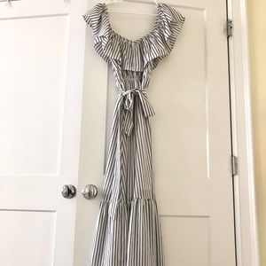off shoulder maxi ruffle dress with tie